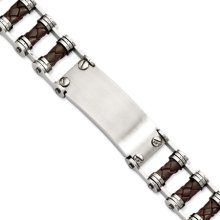 Stainless Steel and Brown Leather ID 9 Inch Bracelet