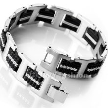 Stainless Steel Bangle Bracelet Chain Men Silver Black Solid Rubber Xb0124