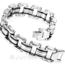 Stainless Steel Bangle Bracelet Chain Men Silver Black Solid Rubber Vc737