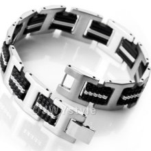 Stainless Steel Bangle Bracelet Chain Men Silver Black Solid Rubber Us390124