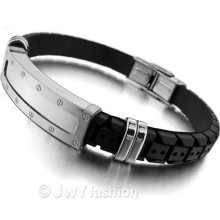 Stainless Steel Bangle Bracelet Wrist Chain Men Silver Black Rubber Xb0165