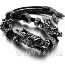 Stainless Steel Bangle Bracelet Chain Men Silver Leather Dragon Xb0205