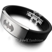 Stainless Steel Bangle Bracelet Cuff Men Silver Batman Black Rubber Xb0139