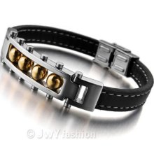 Stainless Steel Bangle Bracelet Wrist Chain Men Gold Black Leather Xb0163