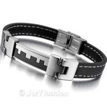 Stainless Steel Bangle Bracelet Wrist Chain Men Silver Black Leather Xb0162