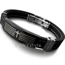 Stainless Steel Bangle Bracelet Cuff Men Silver Cross Bible Black Rubber Us39014