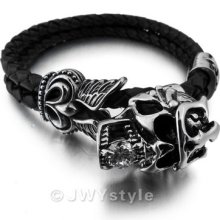 Stainless Steel Bangle Bracelet Wrist Chain Men Silver Skull Leather Xb0176-1
