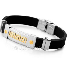 Stainless Steel Bangle Bracelet Cuff Men Silver Greek Black Rubber Us39b0090