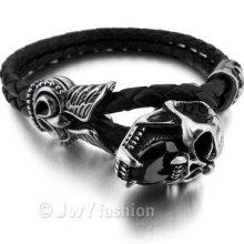 Stainless Steel Bangle Bracelet Wrist Chain Men Silver Skull Leather Us39b0174-2