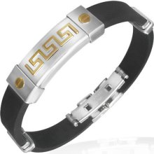 Stainless Steel Black Rubber Gold Silver Two Tone Greek Key Mens Bracelet