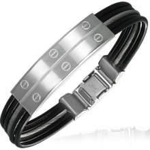 Stainless Steel Black Rubber Two Tone Screw Mens Bracelet