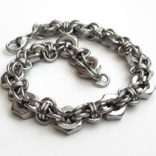 Stainless steel chainmail & hex nut bracelet for men