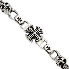 Stainless Steel Oxidized Cross and Skulls Bracelet - 9 Inch