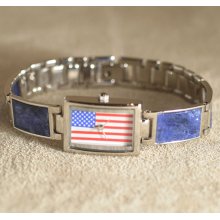 Stainless Steel Women's Patriotic Flag Stone Inlay Watch (China) (Stainless steel flag watch with mop inlay)