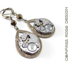 Steampunk Earrings Vintage Mechanical Watch Movement Victorian Larger Teardrop Earring Silver Gold Swarovski Crystal