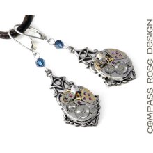 Steampunk Earrings Vintage Watch Movement Handmade Earrings with Montana Blue Crystal Accent on Silver Lace Filigree by Compass Rose Design