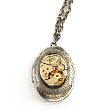 Steampunk Gunmetal Engraved Locket Vintage Elgin Ruby 10 Jewel Watch Movement Necklace