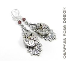 Steampunk Jewelry Earrings Edwardian Watch Mechanical Movement Clockwork Silver & Burgundy Crystal