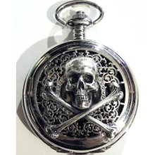 Steampunk Locket Silver Poison Pirate Skull and Bones Pocket Watch Pendant Necklace or Chain Fob