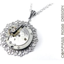 Steampunk Necklace - Vintage Pocket Watch Movement Pendant - One Jewel - Silver by Compass Rose Design