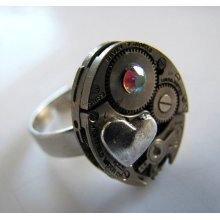 Steampunk No. 1126 Vintage Watch Movement Adjustable Ring with Heart and AB Swarovski Crystal