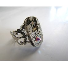 Steampunk No. R13 Rectangular Vintage Jeweled Watch Movement Adjustable Ring with Swarovski Crystal