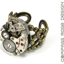 STEAMPUNK Ring Clockwork Watch 17 Ruby Jewel Movement Brass Adjustable Ring