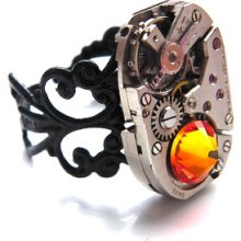 Steampunk Ring - Vintage Clockwork Watch Movement & Swarovski Crystal - Ring Of Fire