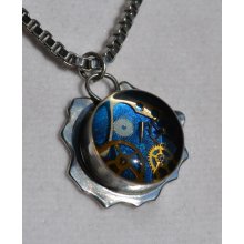 steampunk silver necklace - handmade artisan designed sterling silver vintage watch movement - metalwork - blue - frozen in time on cloud 9