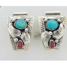 Sterling Silver Turquoise And Coral Watch Ends For Ladies