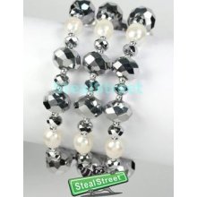 Stretchable Multi-faceted Bead/pearl Link Bracelet Set, Hematite