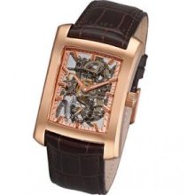 Stuhrling Original 144C2.3345K14 Gatsby Skeleton Rose Tone Case with Rose Tone Minutes Trackandamp;#44; Rose Tone Handsandamp;#44; and Brown Alligator Embossed Genuine Leather Strap