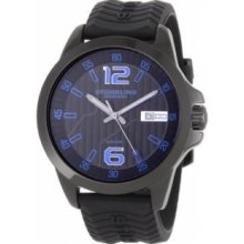 Stuhrling Original 219B.335651 Mens Sports Watch Black Dial with Black PVD Case and Blue Numerals on Black Rubber Strap