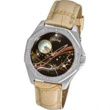 Stuhrling Original 231D.1115S1 Ladies Hexagon Watch on a Beige Leather Strap with Black Dial and Peach Accents