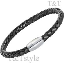T&t Black Leather With Stainless Steel Magnet Buckle Bangle (br55)