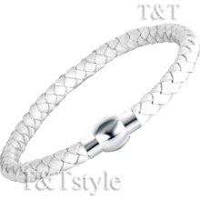 T&t White Leather With Stainless Steel Magnet Buckle Bangle (br58)