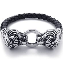 Tb34 Men's Simple Design Stylish Tiger Leather Stainless Steel Bracelet Bangle