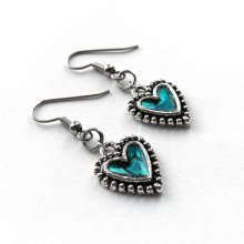 Teal Earrings Heart, Teal Jewelry, Gothic Earrings, Blue Green Earrings, Punk Jewelry, Silver Heart Earrings, cute earring