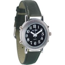 Tel Time Ladies Chrome Talking Watch Black Face Leather Band
