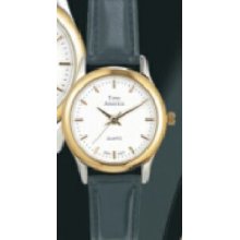 Time America Ladies` White Dial Watch W/ Black Leather Strap & Gold Markers
