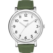 Timex Mens Classic Style Big White Indiglo Dial Green Leather Strap Watch T2n476