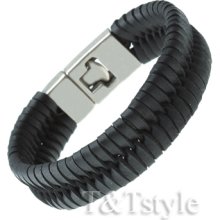 Top Quality T&t Black Thick Leather Bracelet Cuff