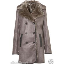 Topshop Grey Faux Shearling Suede Fur Lined Duffle Oversized Jacket Coat 12 8 40