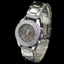 Trendy Bling Crystal Decorated Stainless Steel Rose Golden Womens Wrist Watch