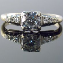 Two Tone 1940s Diamond Engagement Ring Illusion Head Antique Vintage Yellow and White Gold Diamonds on Side