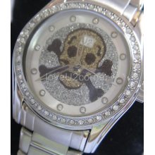 U2 Crystal Stainless Steel Gold Skull Designer Watch