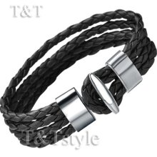 Unique T&t Black Leather Four-row Bracelet (br42)