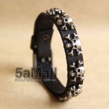 Unisex Genuine Mens Leather Bracelet Skull Rivets Cuff Bangle Wristband Aa1072