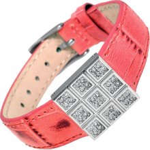 Vera Pelle Stainless Steel Alligator Like Genuine Pink Leather Square Bracelet