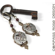 Victorian Steampunk Earrings - Antique Watch Movement Earrings - Burgundy - Brass - Victorian Revival Drop